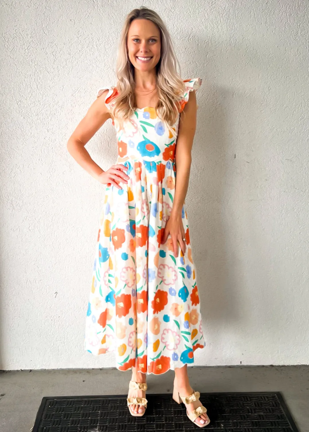 ASHTON FLORAL DENIM SCALLOP MIDI DRESS