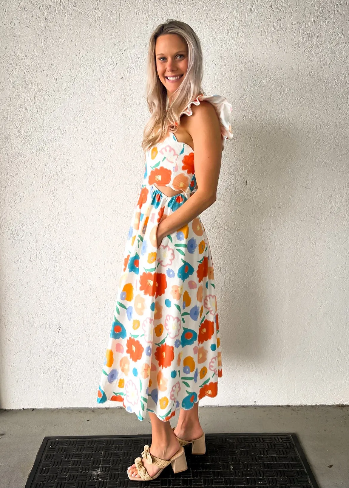 ASHTON FLORAL DENIM SCALLOP MIDI DRESS