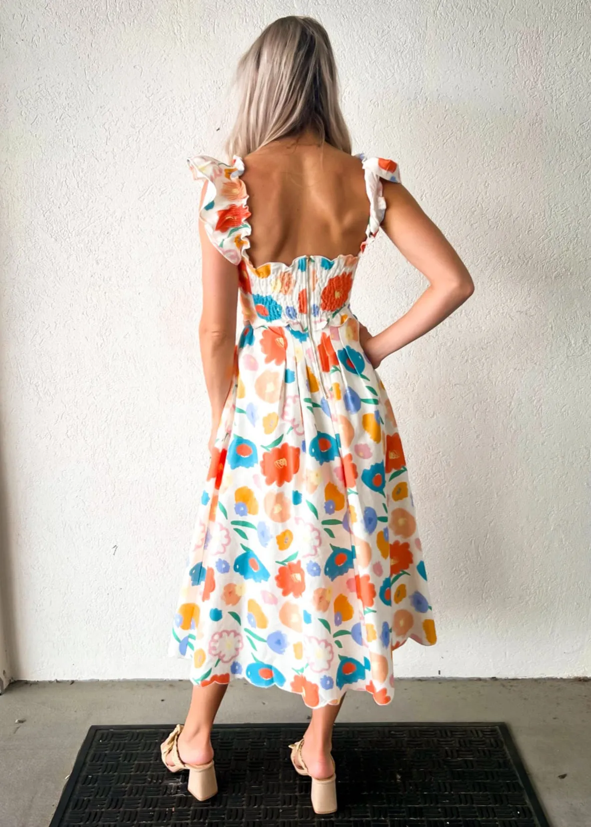 ASHTON FLORAL DENIM SCALLOP MIDI DRESS