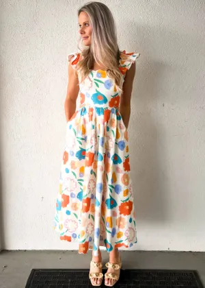 ASHTON FLORAL DENIM SCALLOP MIDI DRESS