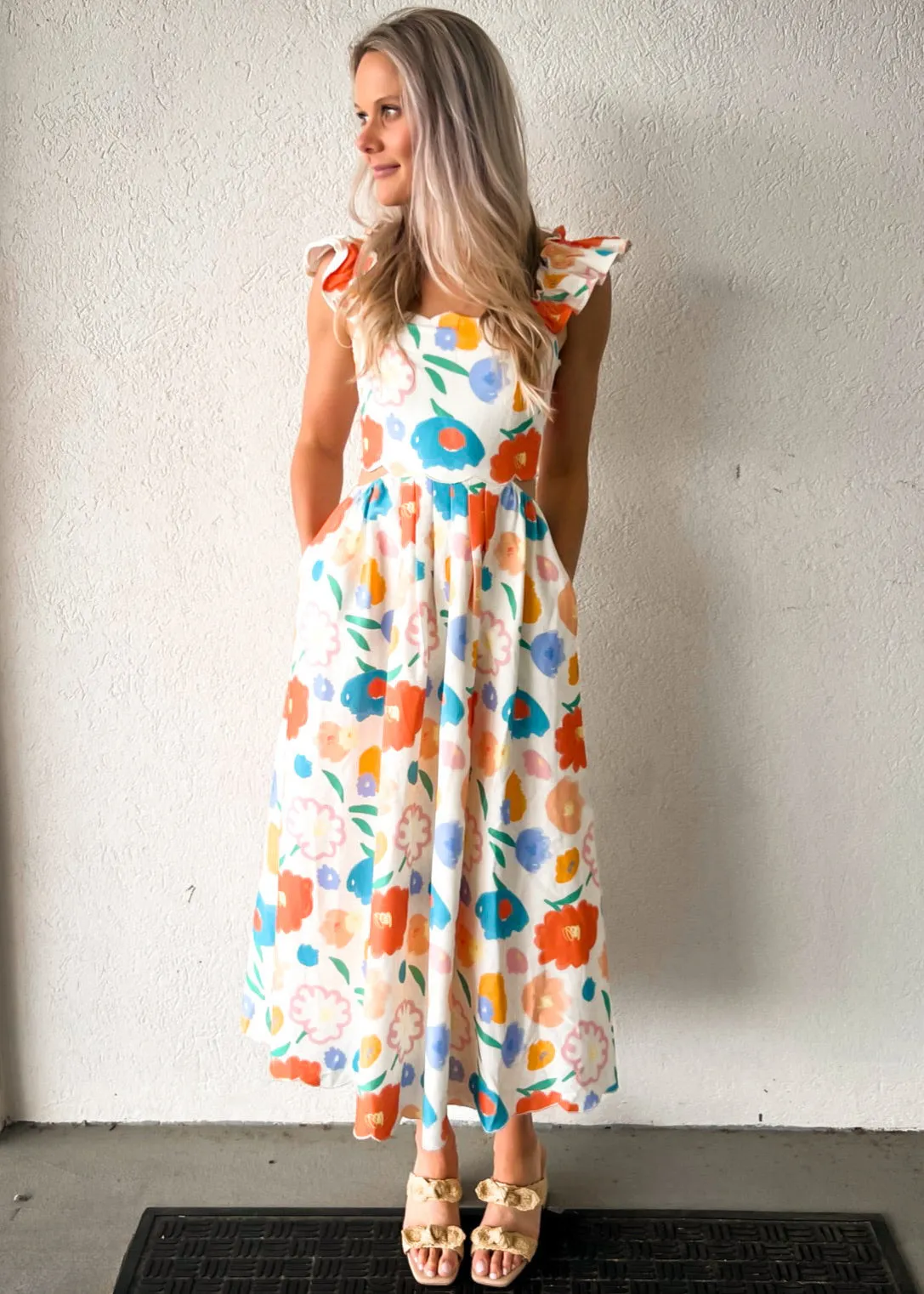 ASHTON FLORAL DENIM SCALLOP MIDI DRESS
