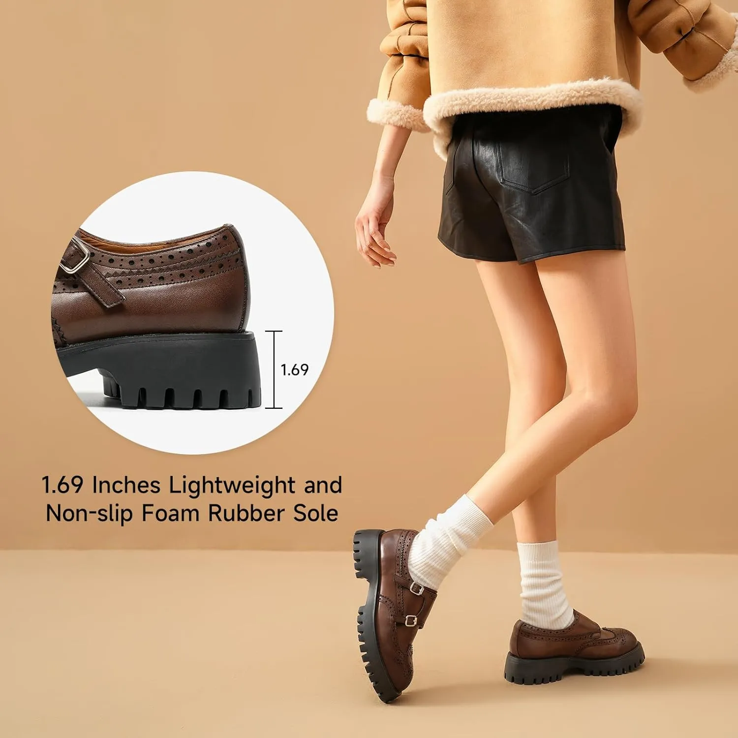 BEAU TODAY Chunky Loafers for Women, Womens Leather Platform Loafers, Lug Sole Tassel Slip On Loafers Shoes Brogues Wingtip Casual Business Shoes Comfortable Dressy