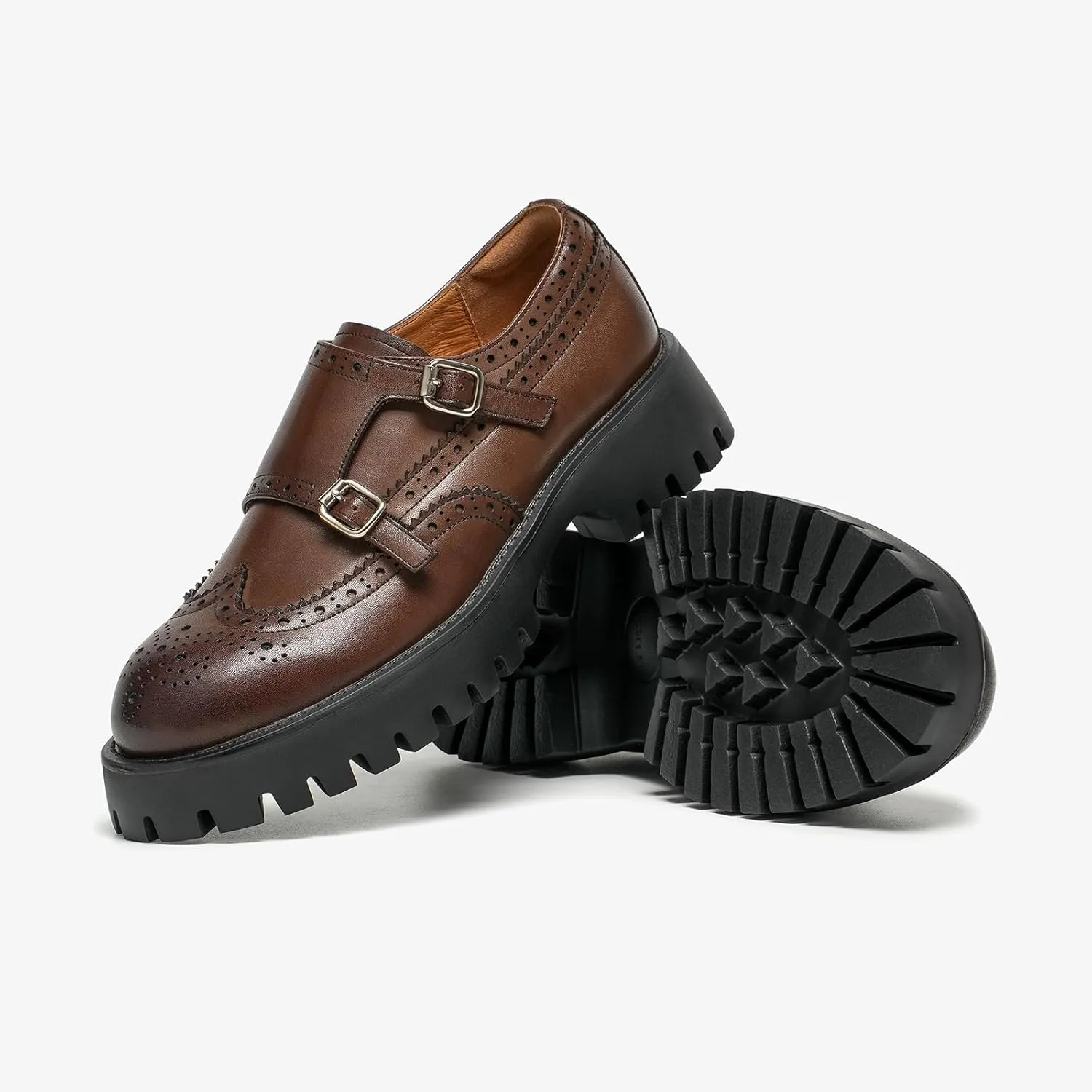 BEAU TODAY Chunky Loafers for Women, Womens Leather Platform Loafers, Lug Sole Tassel Slip On Loafers Shoes Brogues Wingtip Casual Business Shoes Comfortable Dressy