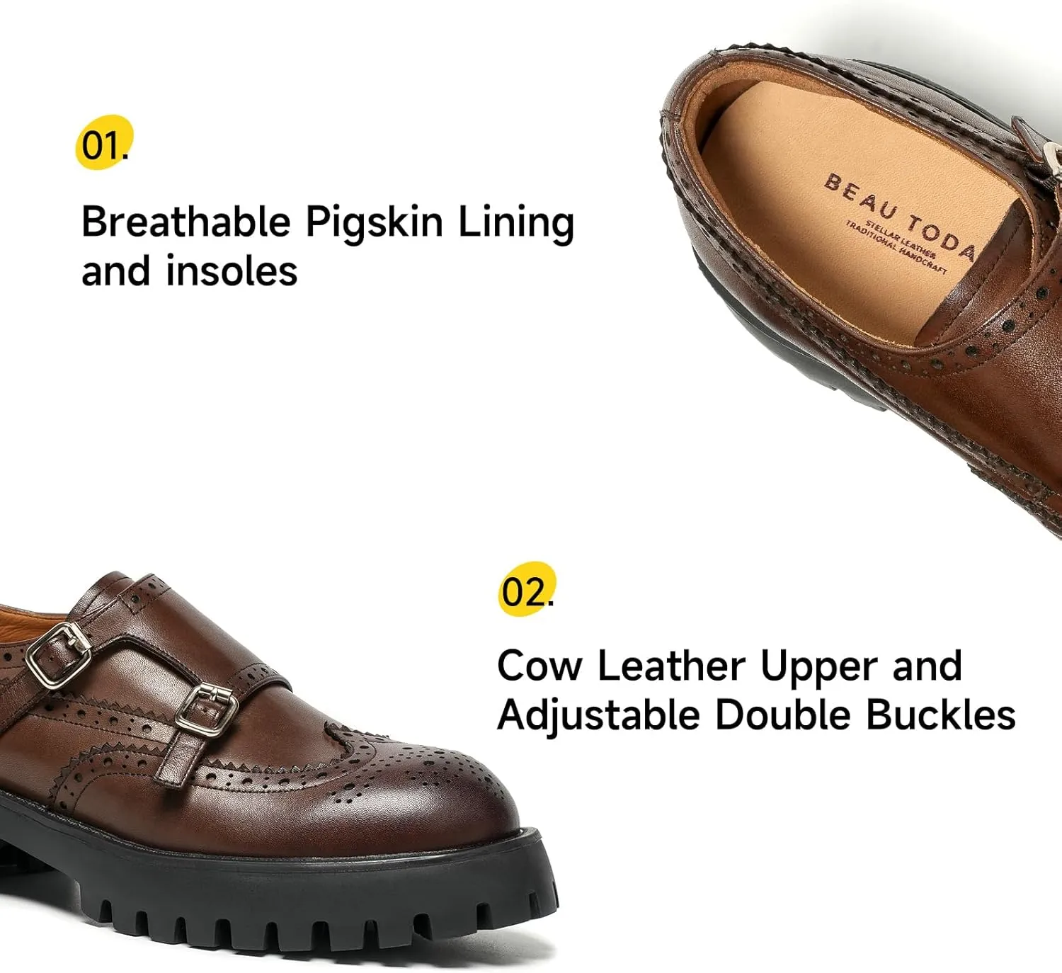 BEAU TODAY Chunky Loafers for Women, Womens Leather Platform Loafers, Lug Sole Tassel Slip On Loafers Shoes Brogues Wingtip Casual Business Shoes Comfortable Dressy