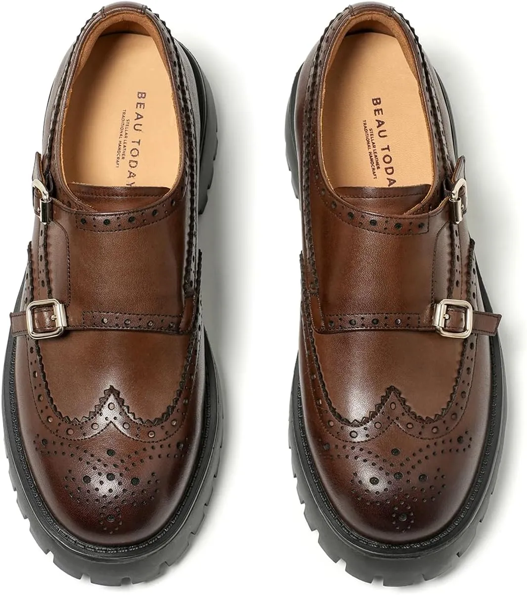 BEAU TODAY Chunky Loafers for Women, Womens Leather Platform Loafers, Lug Sole Tassel Slip On Loafers Shoes Brogues Wingtip Casual Business Shoes Comfortable Dressy