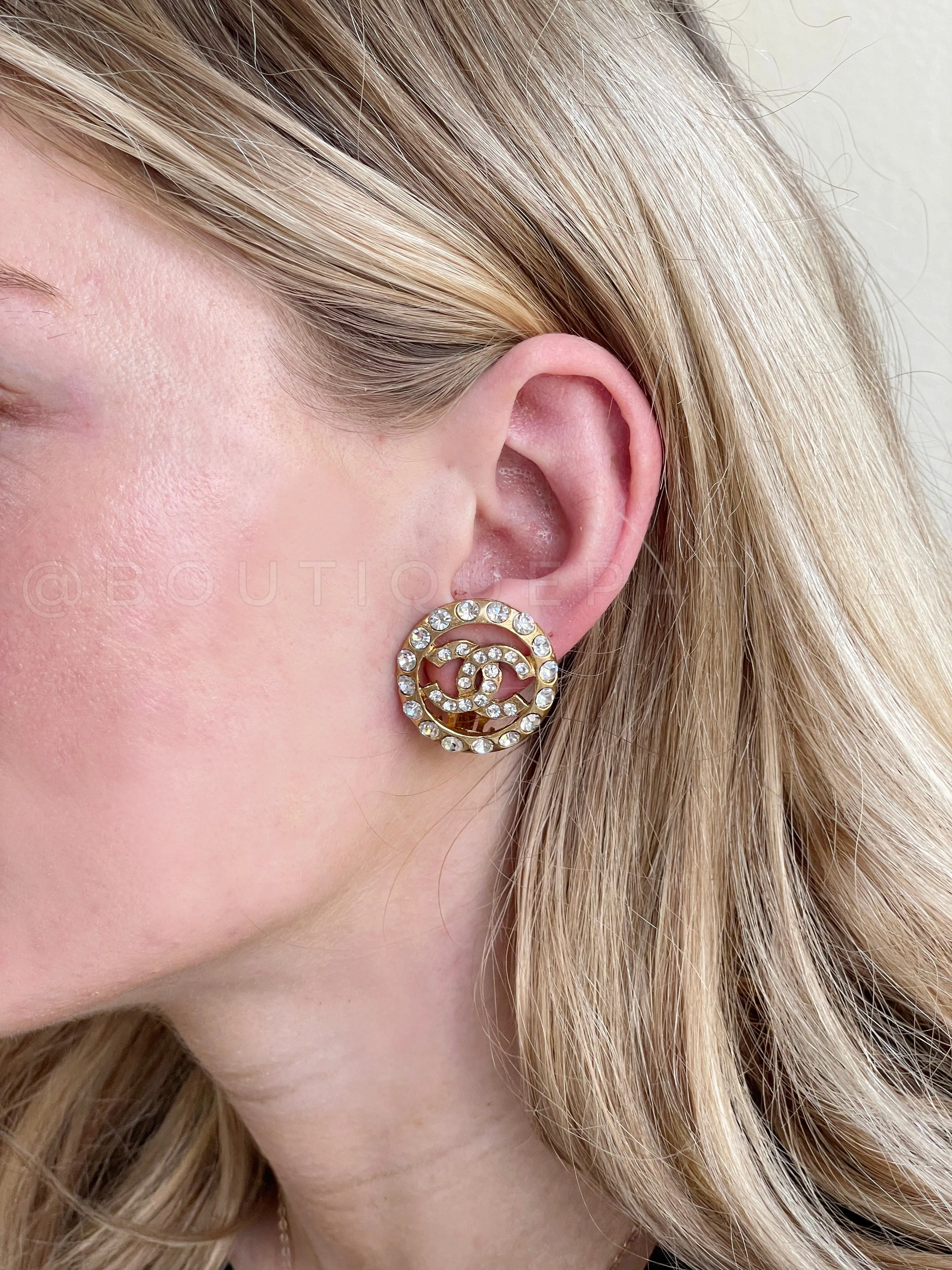 Chanel 80s Crystal Studded Encircled CC Stud Earrings Gold Plated