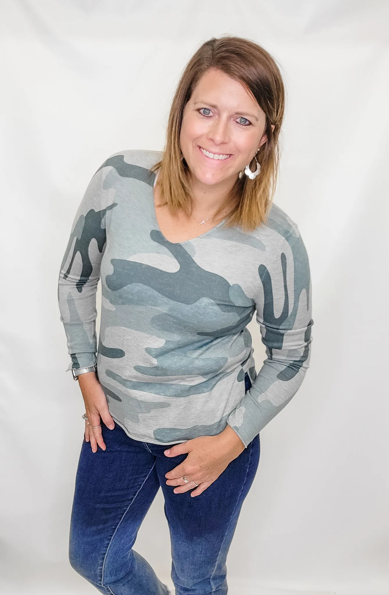 Charlie B Camo Printed V-Neck Sweater