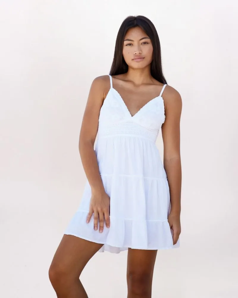 CROCHET DETAIL TIE BACK MINI DRESS, WHITE
