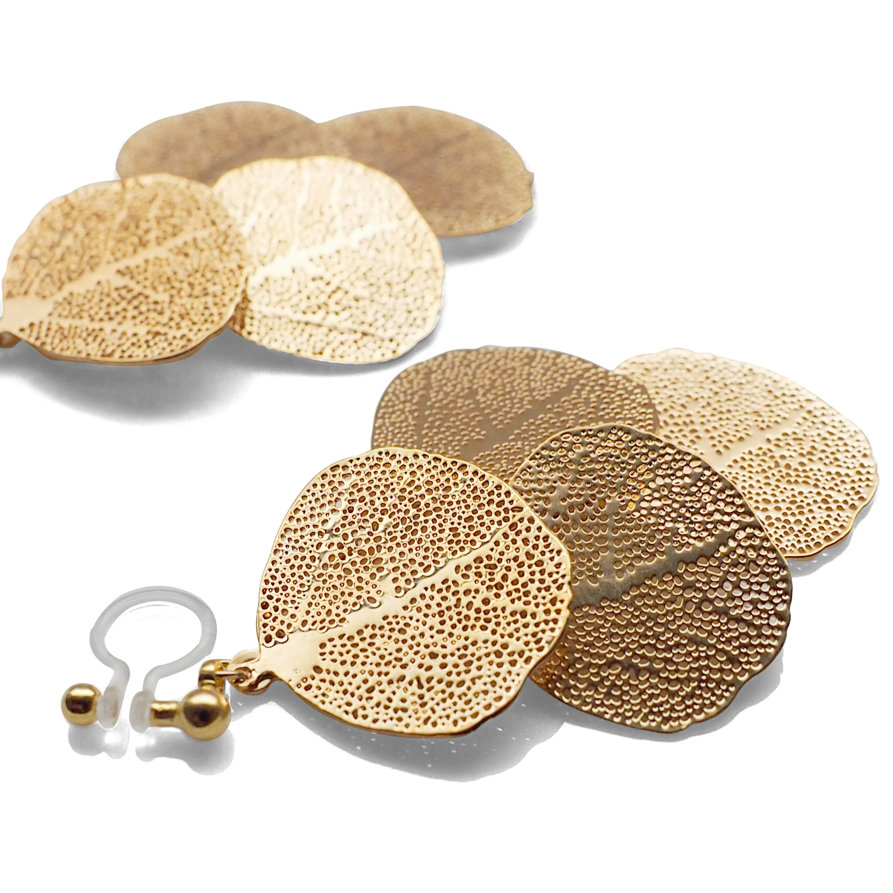 Dangle gold four leaf filigree invisible clip on earrings