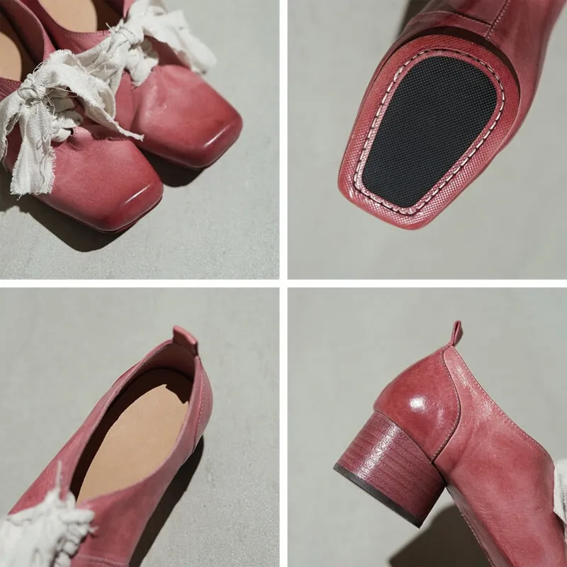 French Artistic Washed Horse Leather Mary Jane Ballet Shoes Pink/Blue/Black/White