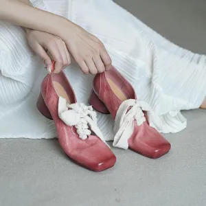 French Artistic Washed Horse Leather Mary Jane Ballet Shoes Pink/Blue/Black/White