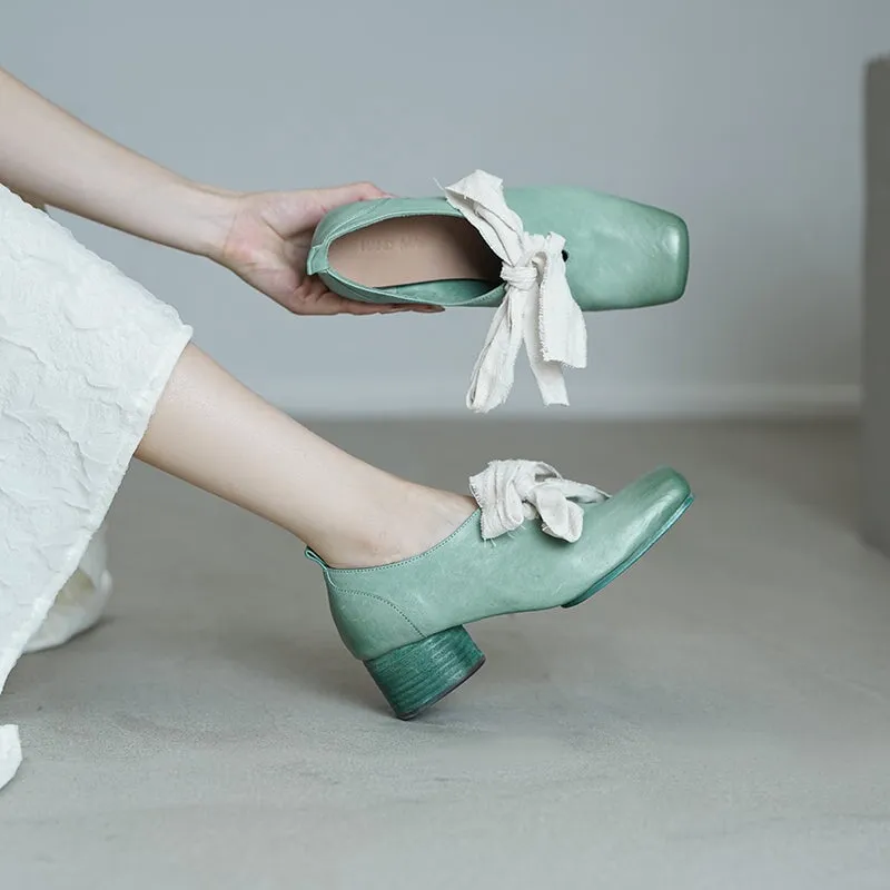 French Artistic Washed Horse Leather Mary Jane Ballet Shoes Pink/Blue/Black/White