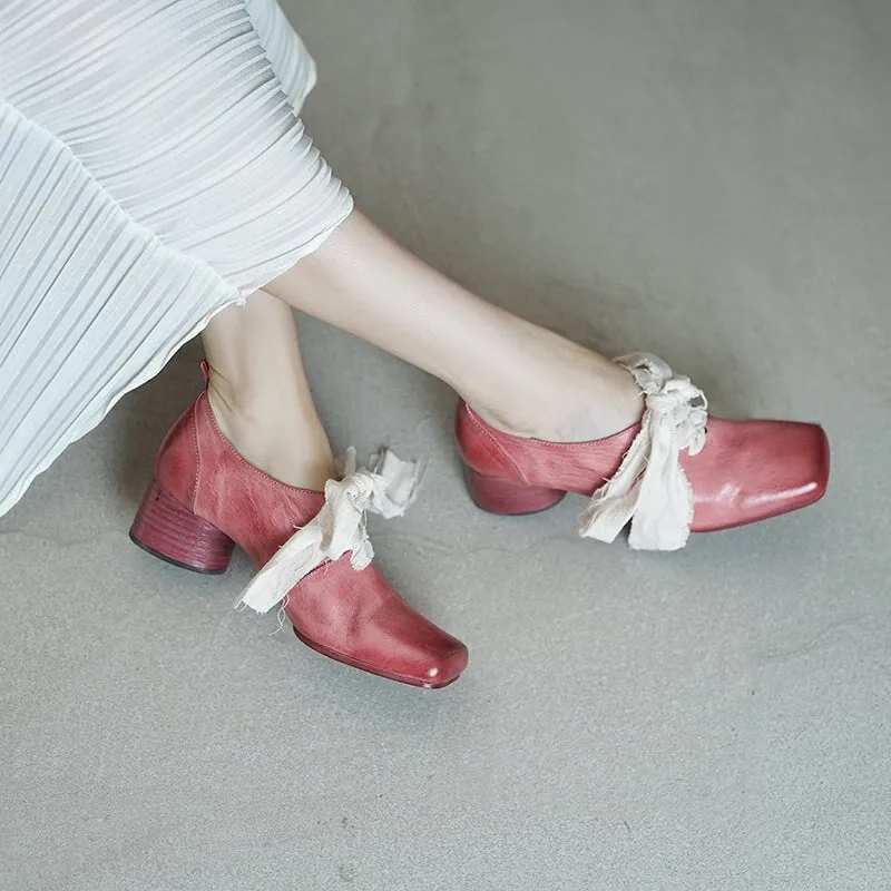 French Artistic Washed Horse Leather Mary Jane Ballet Shoes Pink/Blue/Black/White