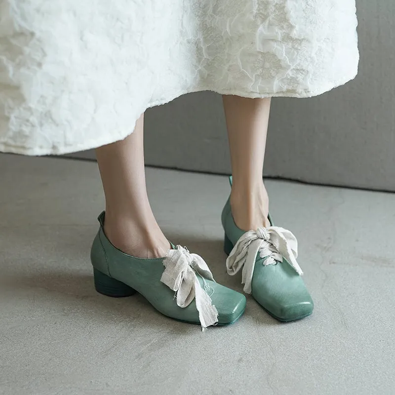 French Artistic Washed Horse Leather Mary Jane Ballet Shoes Pink/Blue/Black/White