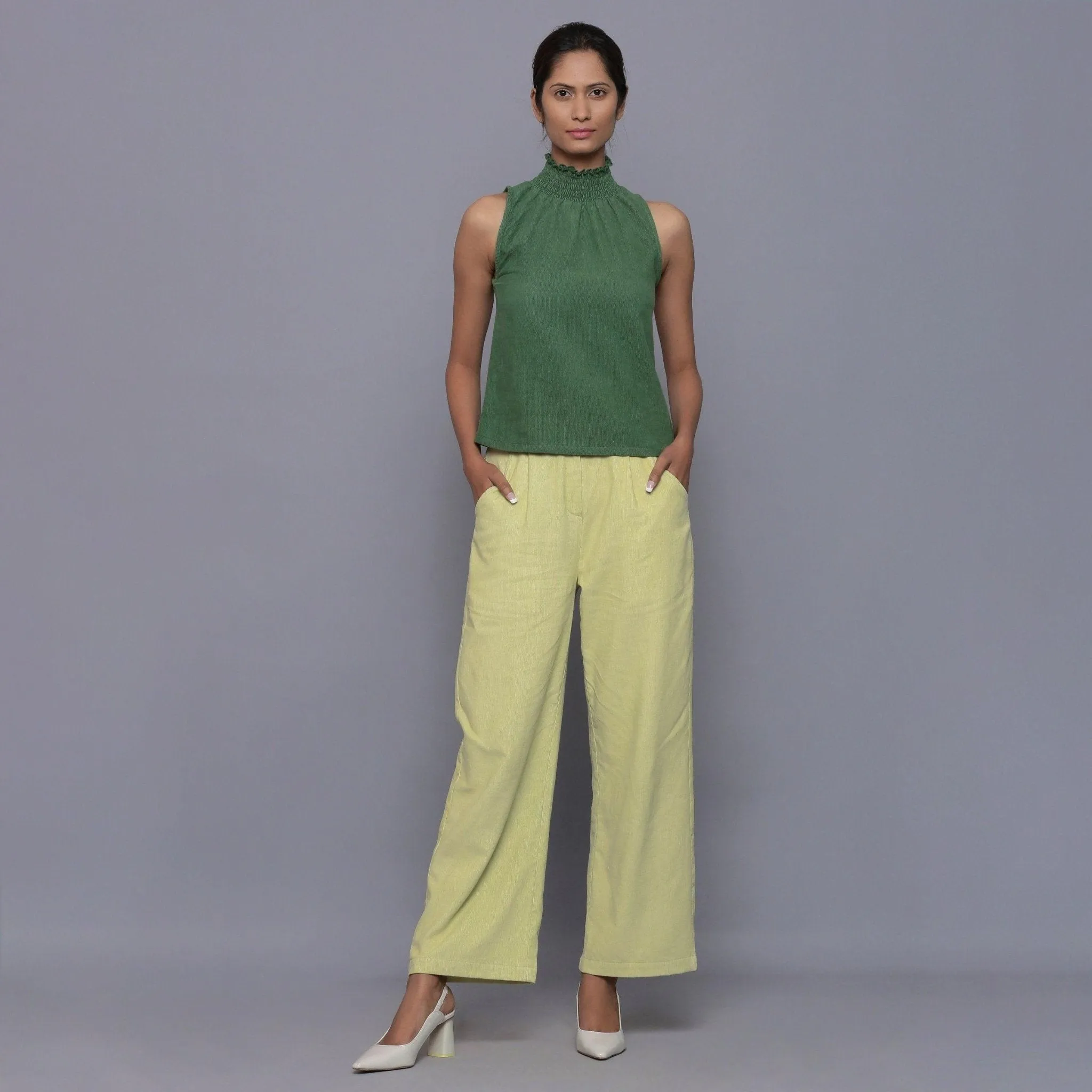 Green Warm Cotton Corduroy Turtleneck Top