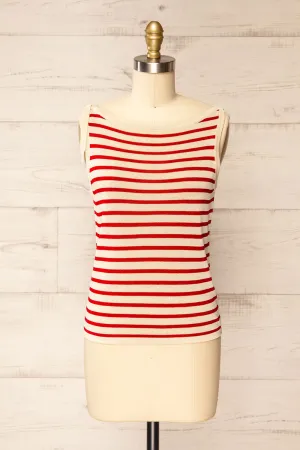Gwanju Red | Striped Boat Neck Knit Top