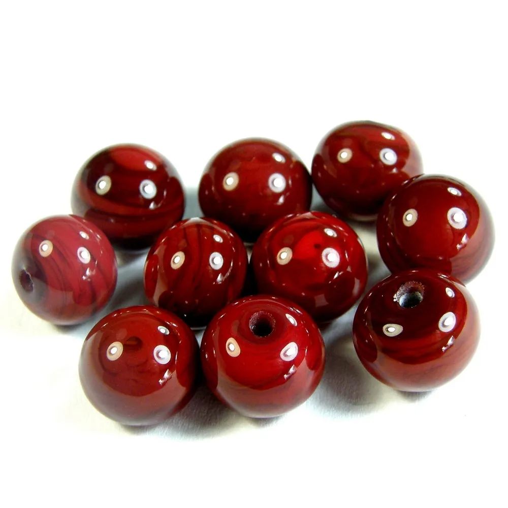 Half Hole Handmade Lampwork Glass Beads, Medium Red Shiny