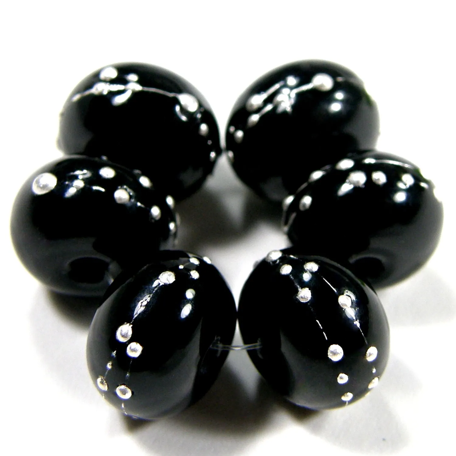 Handmade Lampwork Glass Beads, Black Fine Silver Shiny Glossy 064gfs