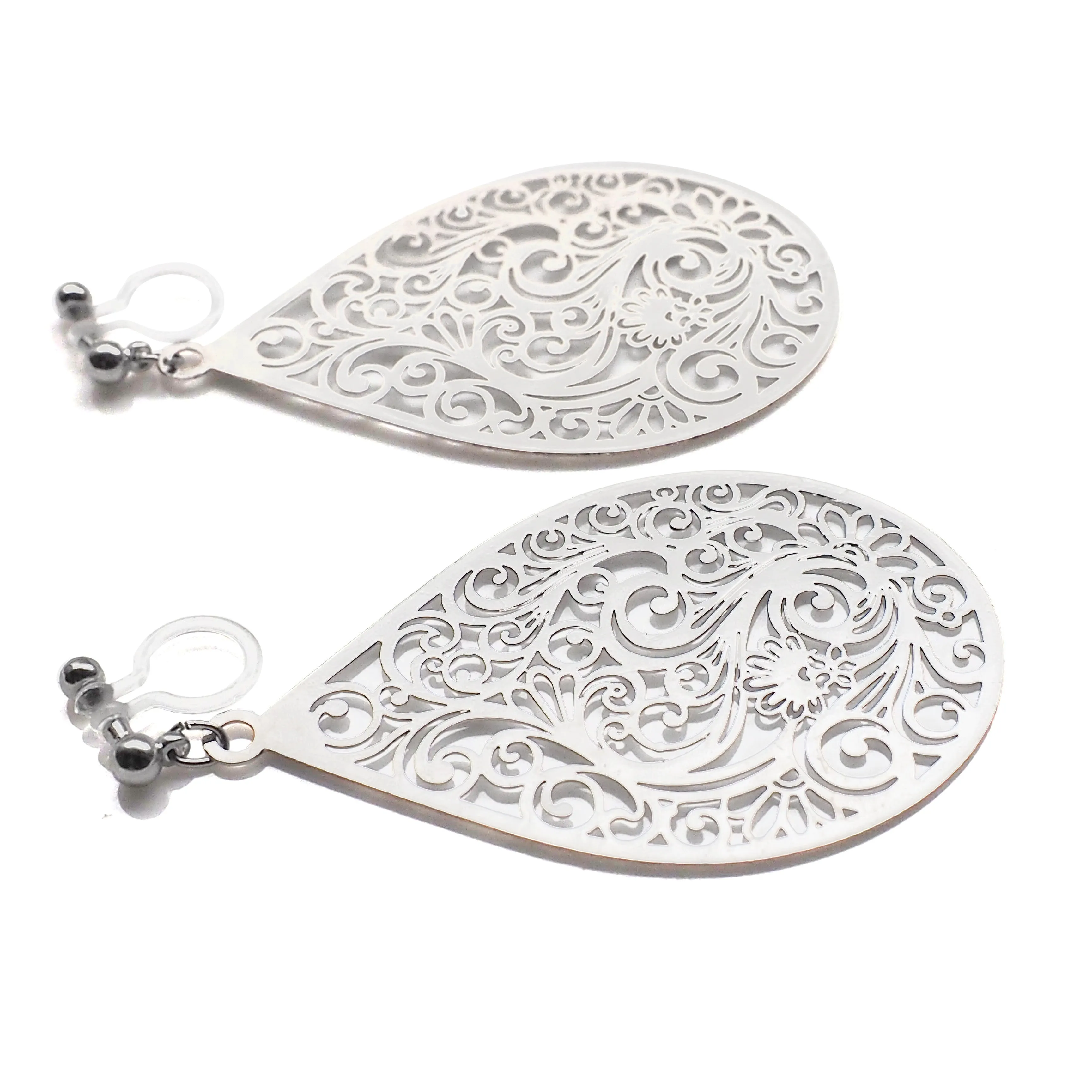 Large silver teardrop Victorian filigree invisible clip on earrings