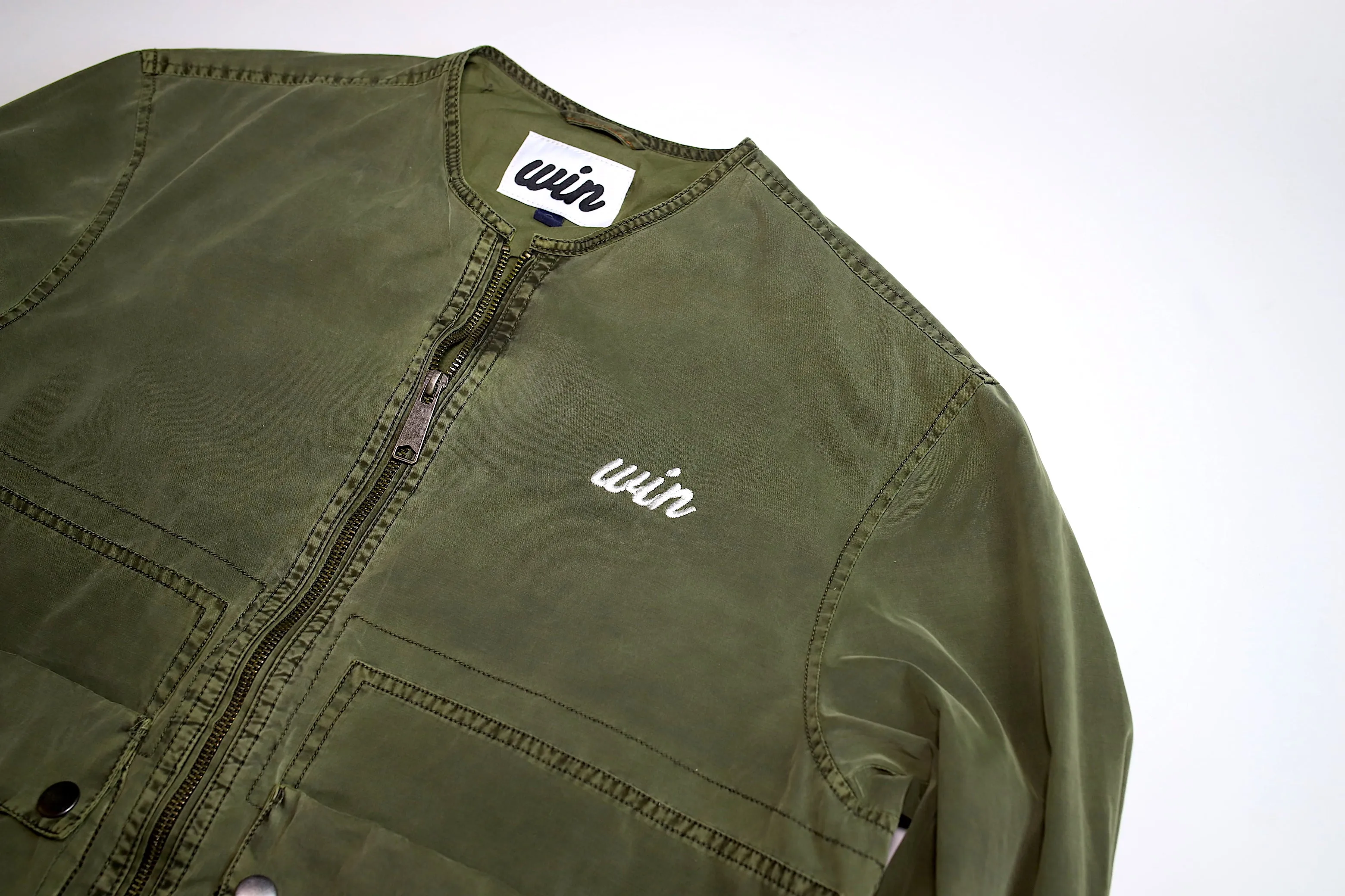 Lightweight Collarless "Washed Green" Zip up Jacket
