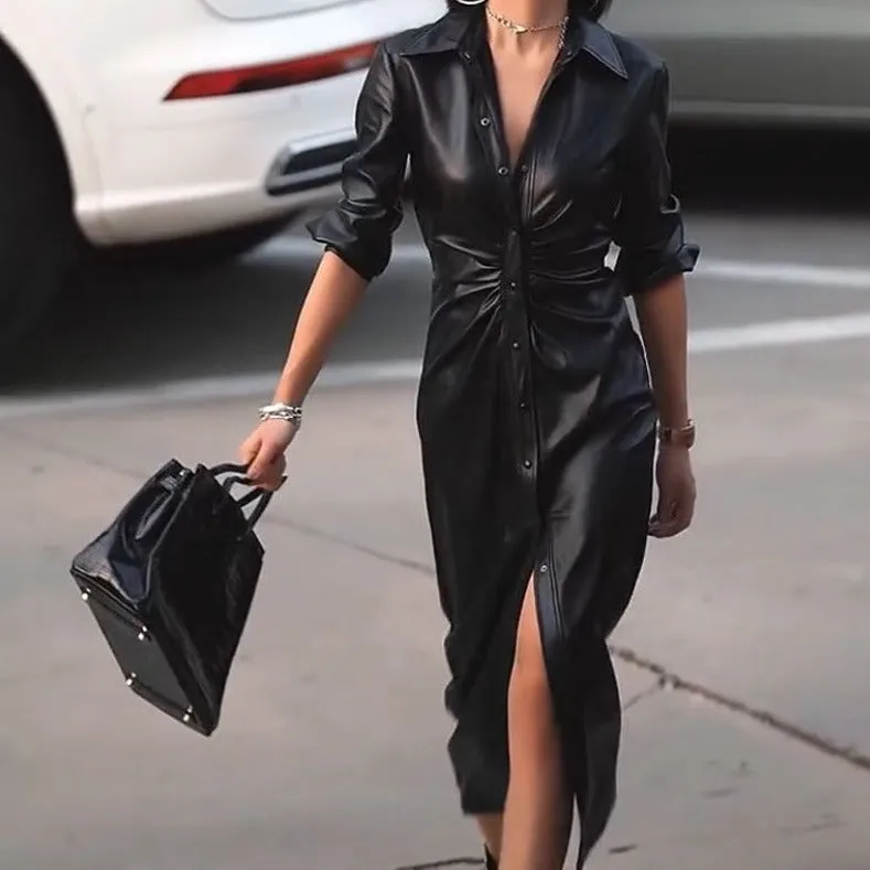 Olivia Leather A-line Midi Dress