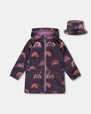 Printed Rain Coat With Hat Rainbow On Shiny Background