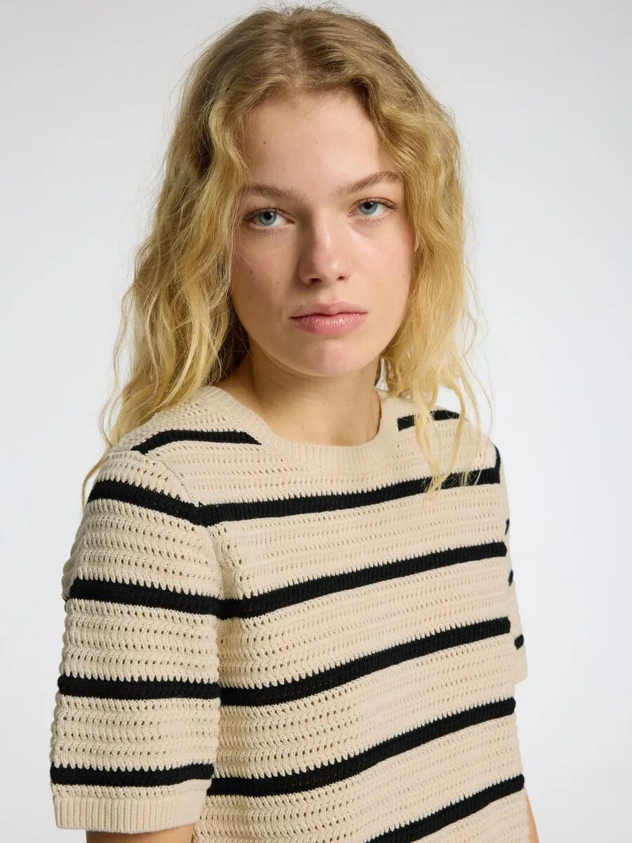 Selected Femme Vinna textured stripe S/S knit Birch