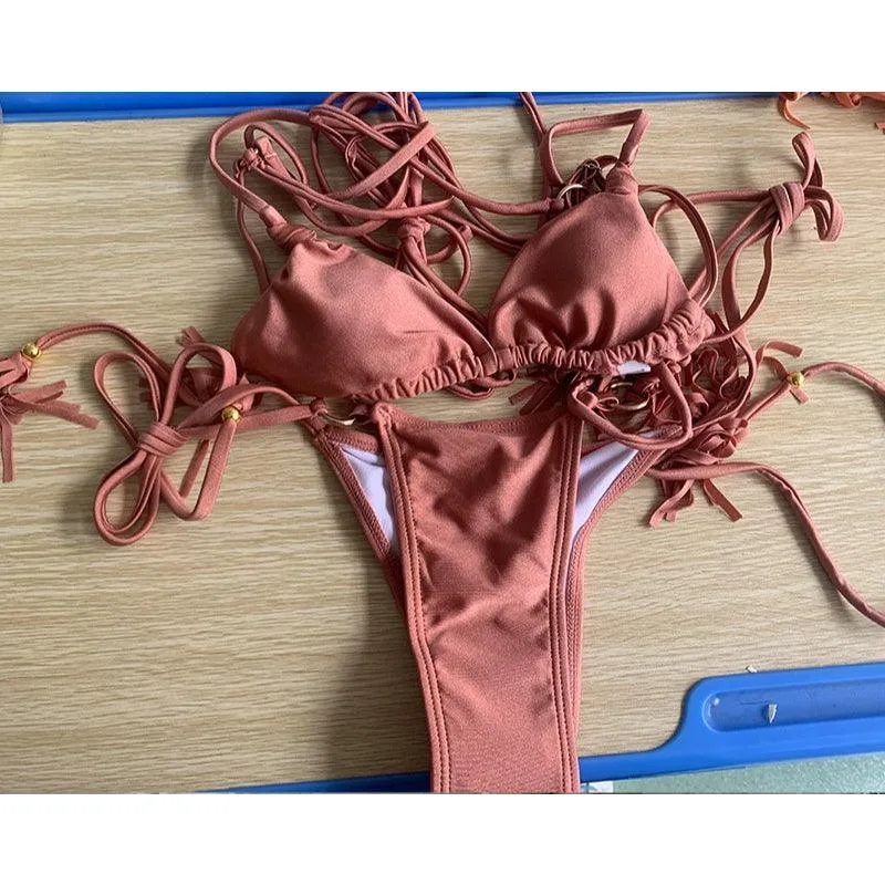 Solid Cross String Bikini  Trendy Swimwear for Beach Days