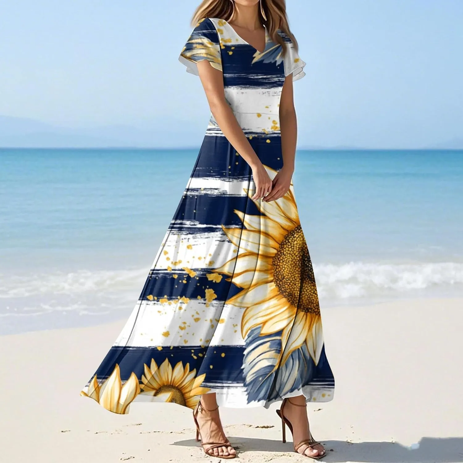 Women's Fourth of July Dress Summer Casual Fashion Independence Day Printed Outfits V-Neck Short Sleeve Dresses